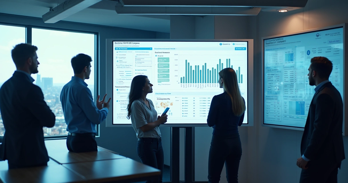 Profissionais analisando gráficos e dashboards em telas digitais