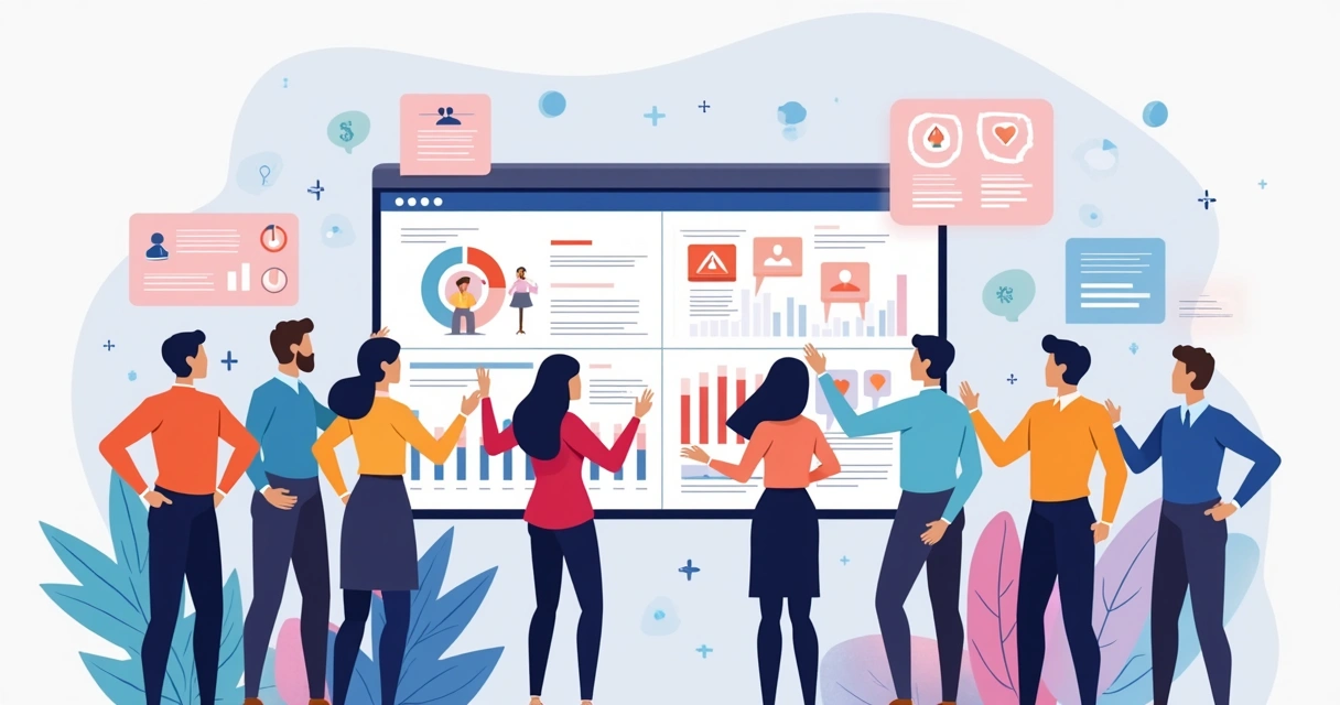 Equipe de vendas fazendo segmentação de mercado com gráficos, perfis e diferentes leads ilustrados 