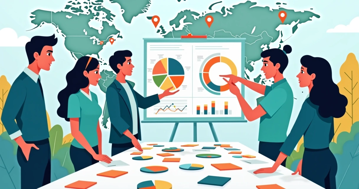Equipe de marketing analisando gráficos e segmentação de público em uma sala moderna.