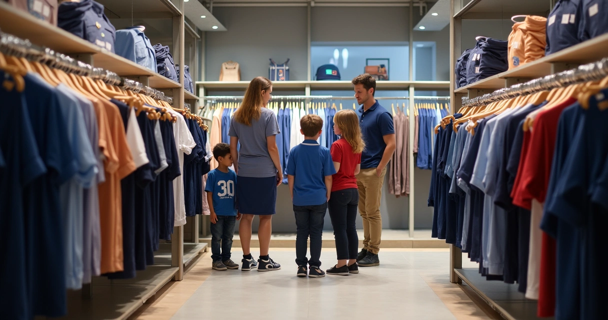 Loja de uniformes escolares com clientes de diferentes idades 