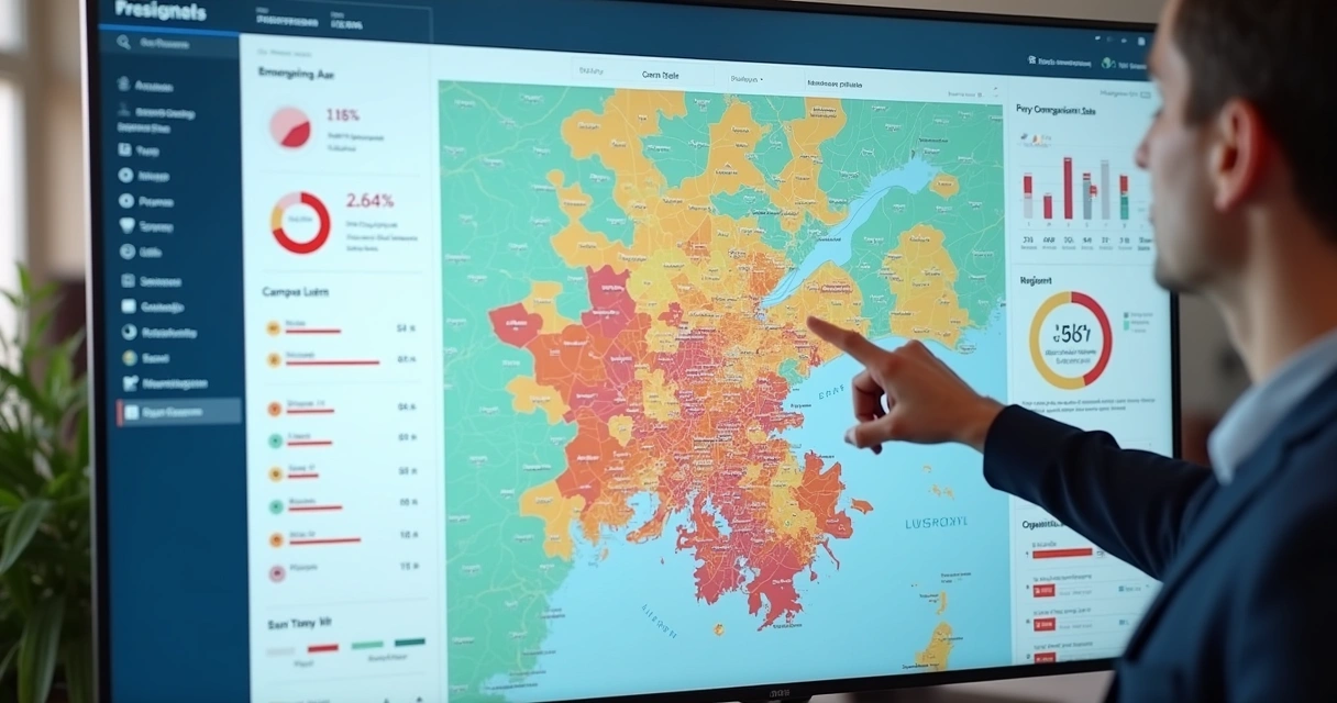 Dashboard digital mostrando segmentação de anúncios por região e faixa etária 