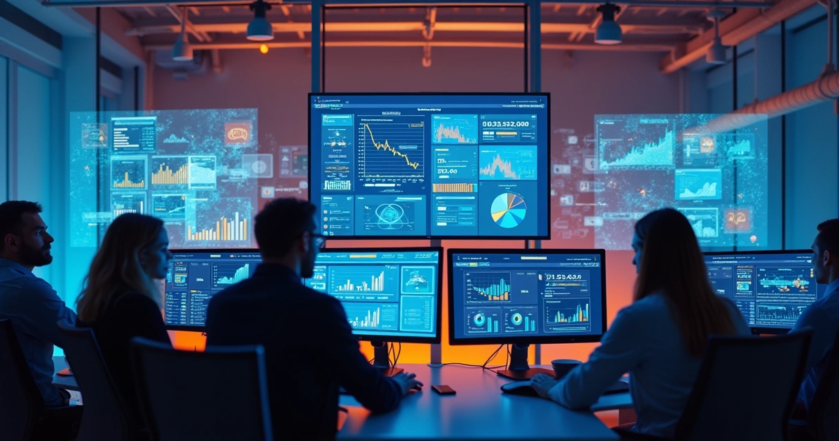 Equipe de marketing digital analisando dados de leads em computadores 