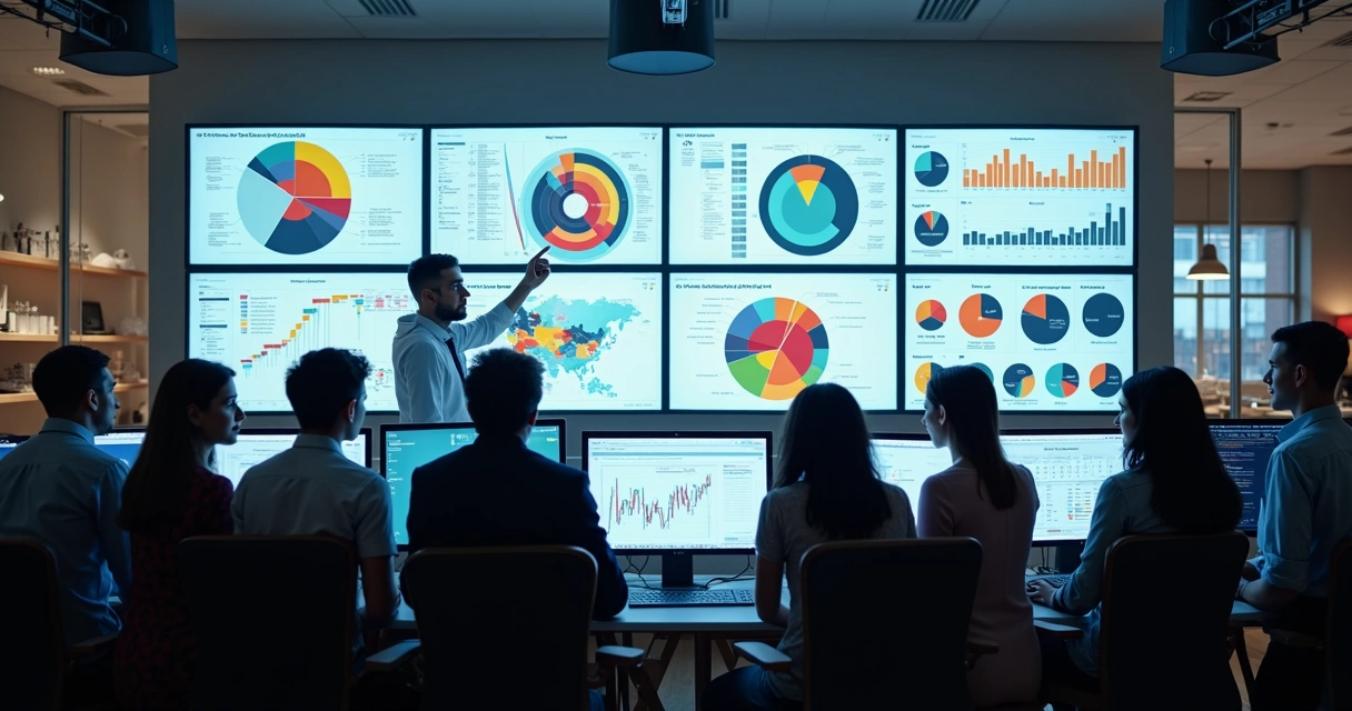 Grupo de pessoas segmentadas por categorias de compra em um monitor 