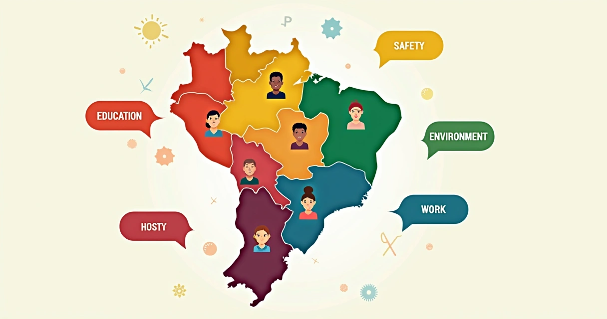 Mapa do Brasil dividido em regiões coloridas, ícones de eleitores sobrepostos ao mapa, diferentes perfis ao redor 