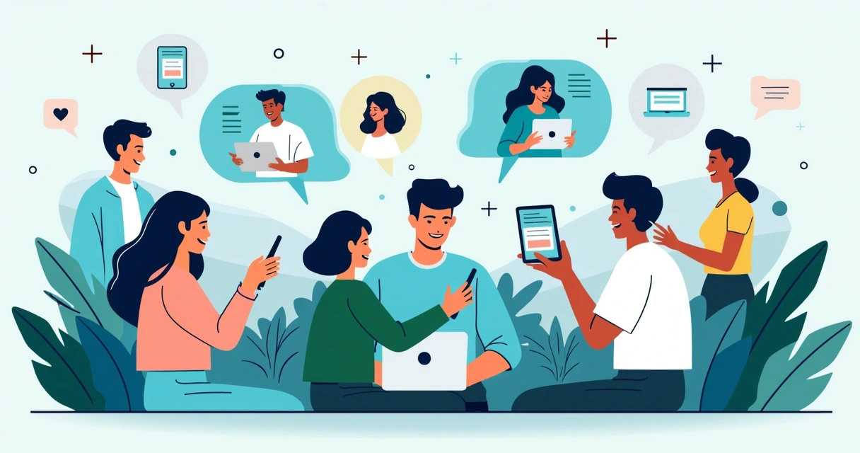 Ilustração mostrando diferentes grupos digitais em aparelhos variados interagindo em momentos distintos 