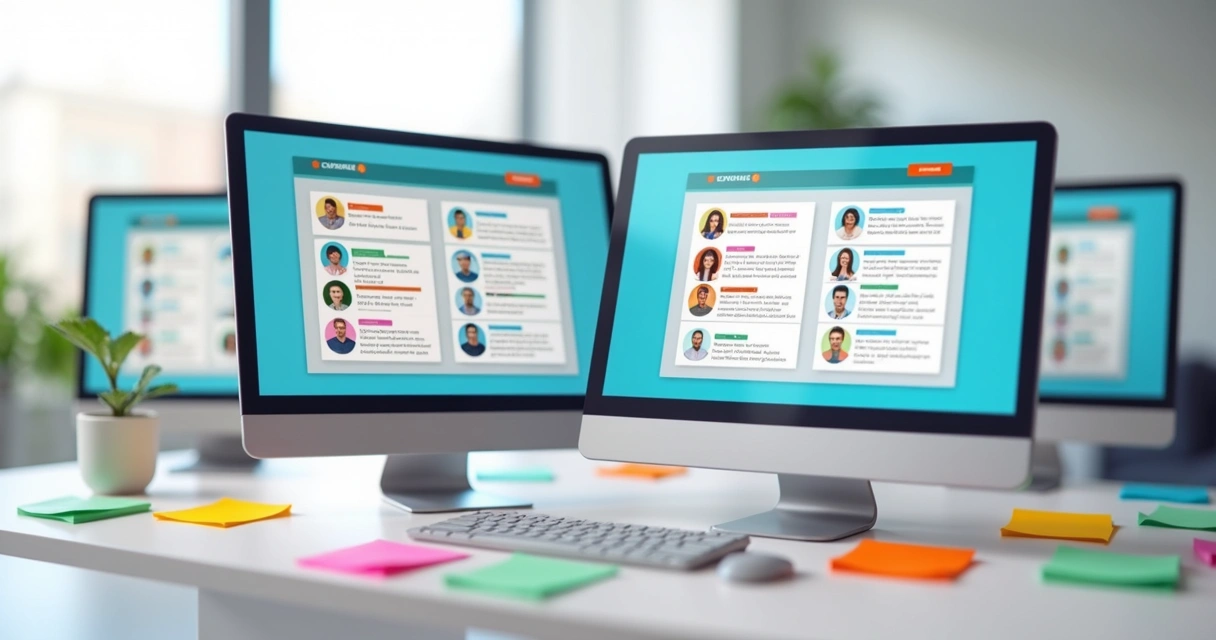 Ilustração de telas de computador exibindo listas segmentadas de contatos de e-mail 