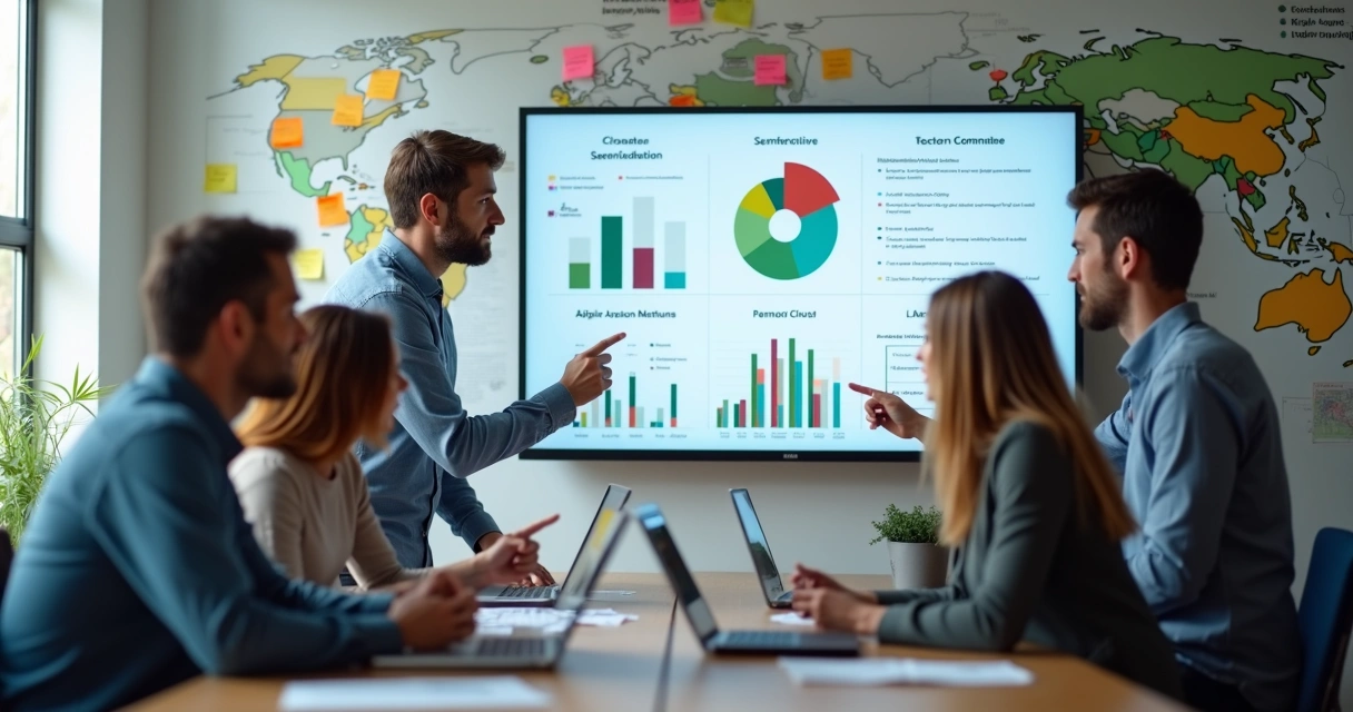 Equipe analisando critérios de segmentação de empresas no monitor 