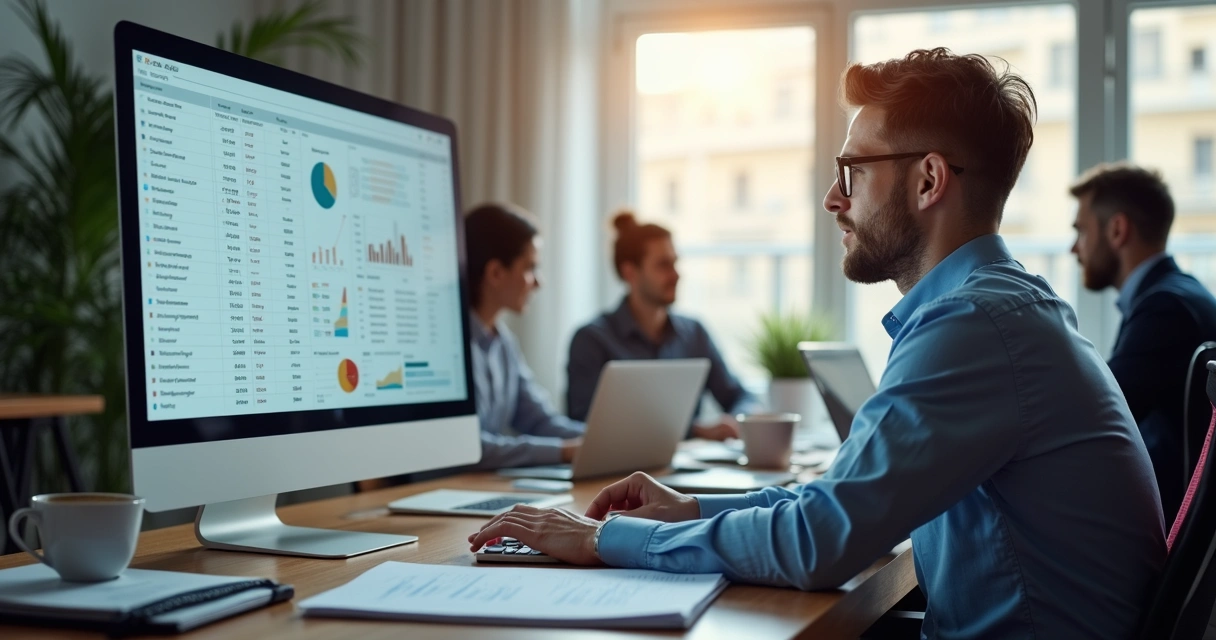Profissional analisando dados em tela de computador em ambiente de escritório 