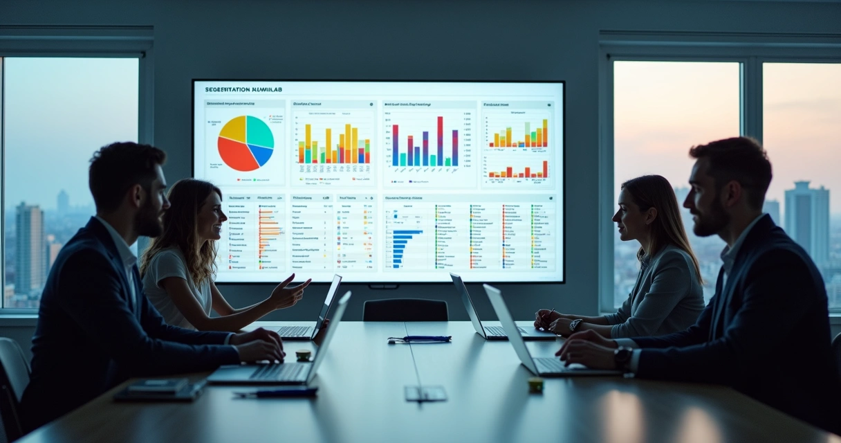 Equipe comercial analisando gráficos de segmentação de vendas 