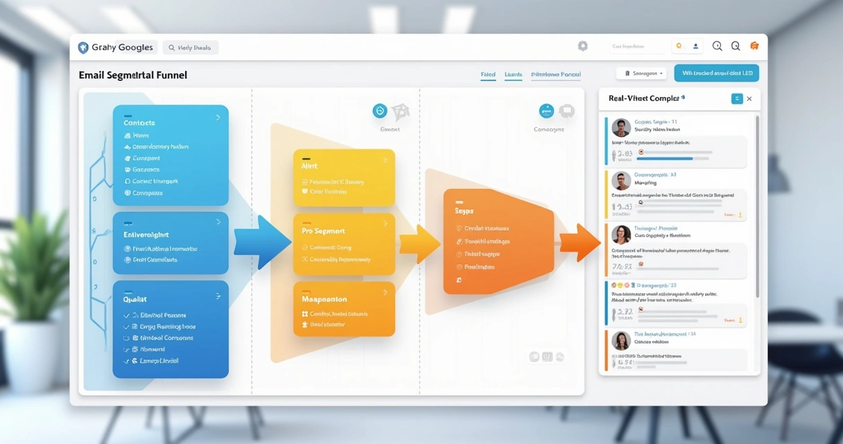 Funil de segmentação automática de e-mails com dados em tempo real, campos coloridos e setas apontando para workflows 