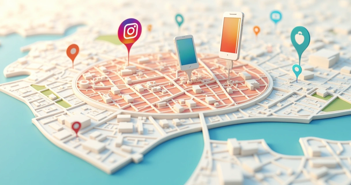 Mapa com áreas circulares de segmentação de anúncios digitais 