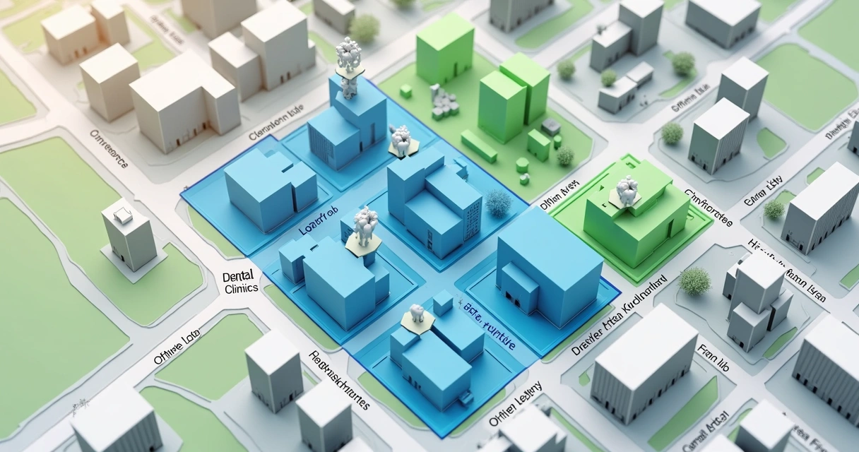 Mapa digital colorido com marcação de regiões urbanas para segmentação de anúncios odontológicos