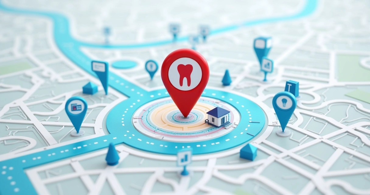 Mapa digital com área ao redor de uma clínica odontológica destacada