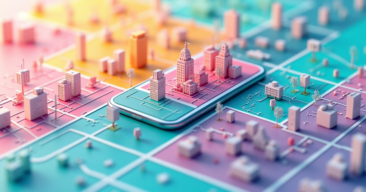 Mapa colorido destacando áreas segmentadas de uma cidade 