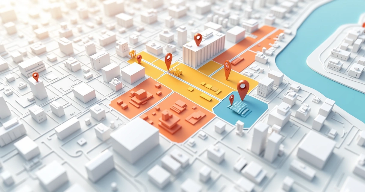Mapa com áreas destacadas representando segmentação de público local 
