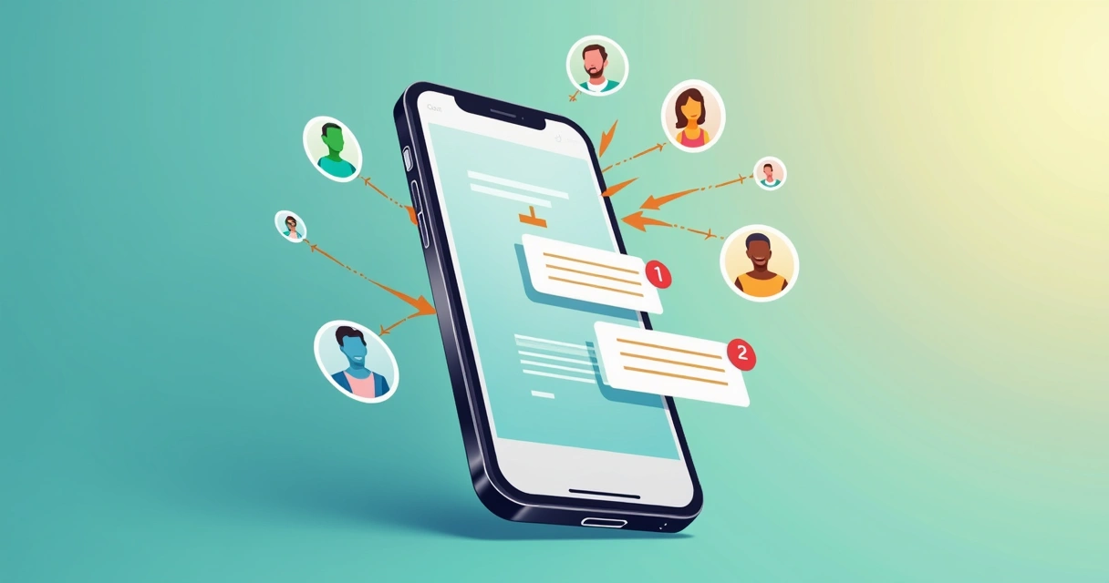 Tela de celular mostrando fluxo de segmentação de mensagens para diferentes públicos, com ícones de pessoas distintas