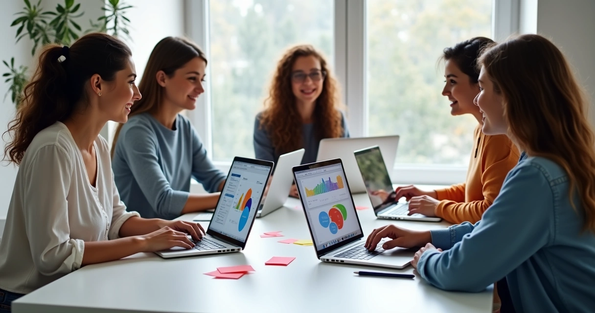 Mulheres analisando gráficos de interesses em telas de notebook 