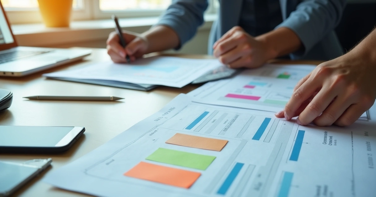 Profissional agrupa fichas de empresas com etiquetas coloridas em mesa de trabalho. 