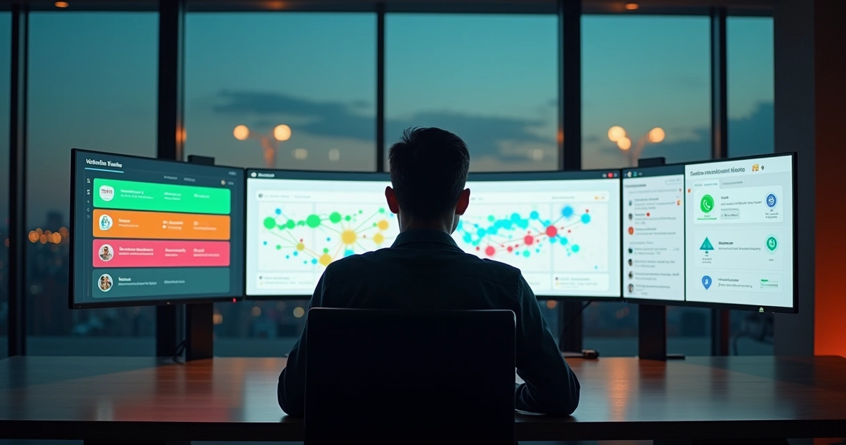 Gestor observa painel digital com leads segmentados por cores 
