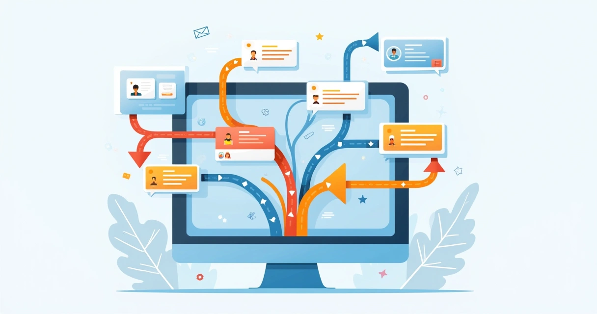 Fluxo de automação de segmentação de leads com diferentes caminhos e mensagens