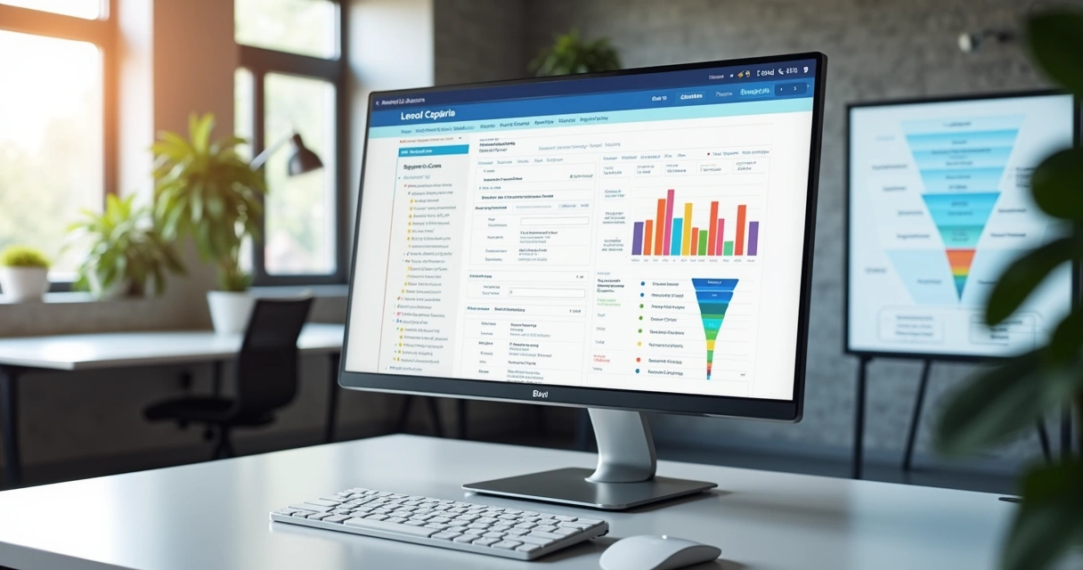 Tela de computador mostrando formulário de captura com perguntas segmentadas e gráficos de conversão ao lado 