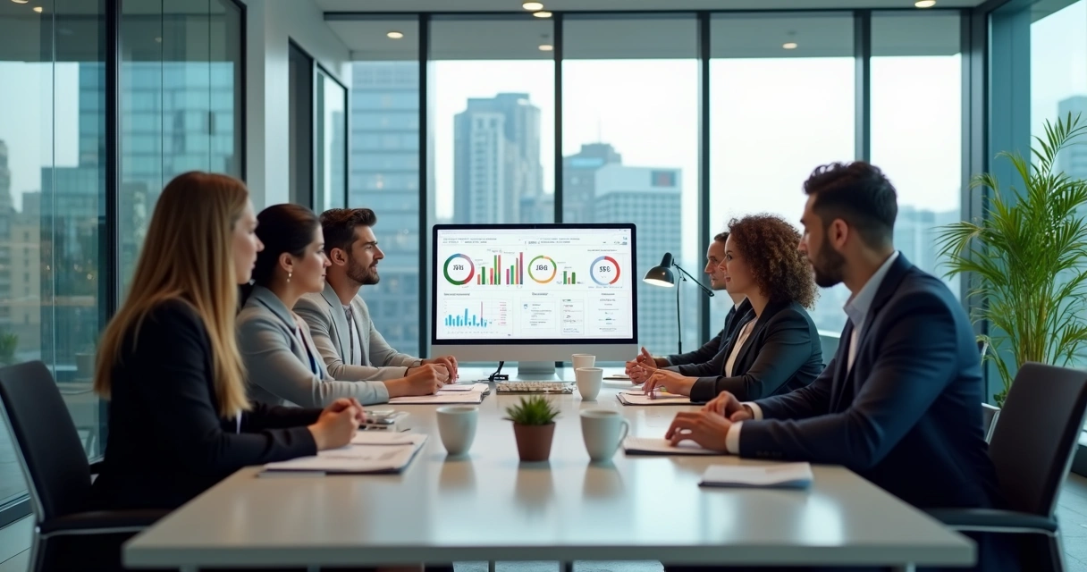 Equipe comercial de imobiliária reunida em volta de computador analisando perfis de leads 