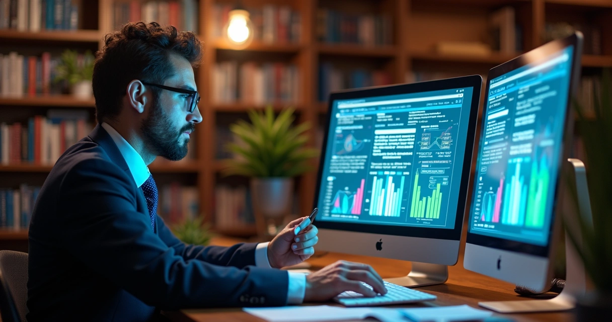 Advogado analisando gráficos e listas de leads em um escritório moderno 