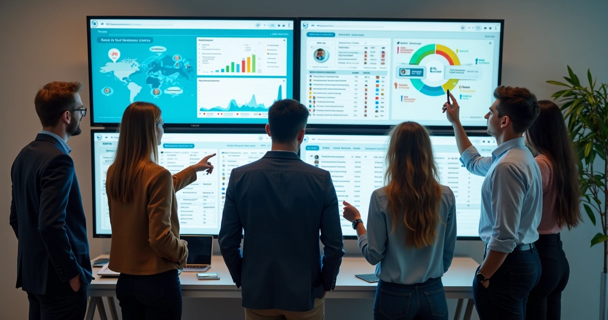 Equipe analisando dados de segmentação de leads B2B em telas de computador, gráficos coloridos exibidos 