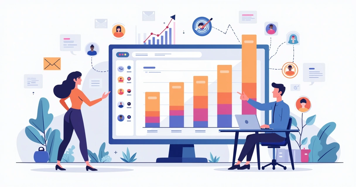Ilustração de profissional segmentando leads em um painel de marketing digital 