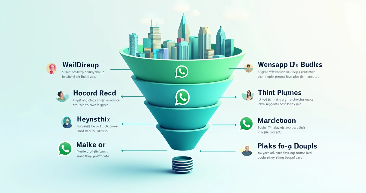 Representação visual de um funil de segmentação de leads no WhatsApp, com flechas indicando a divisão entre grupos 