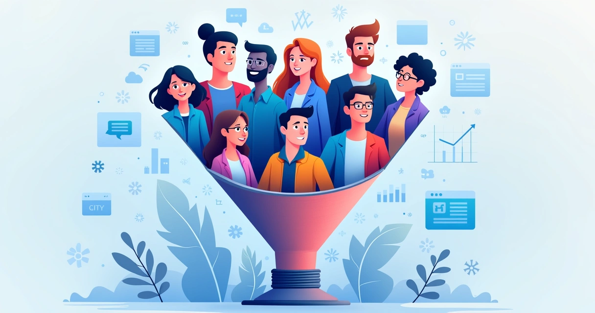 Ilustração de um funil colorido mostrando perfis de pessoas no topo, filtrando para baixo em leads destacados.