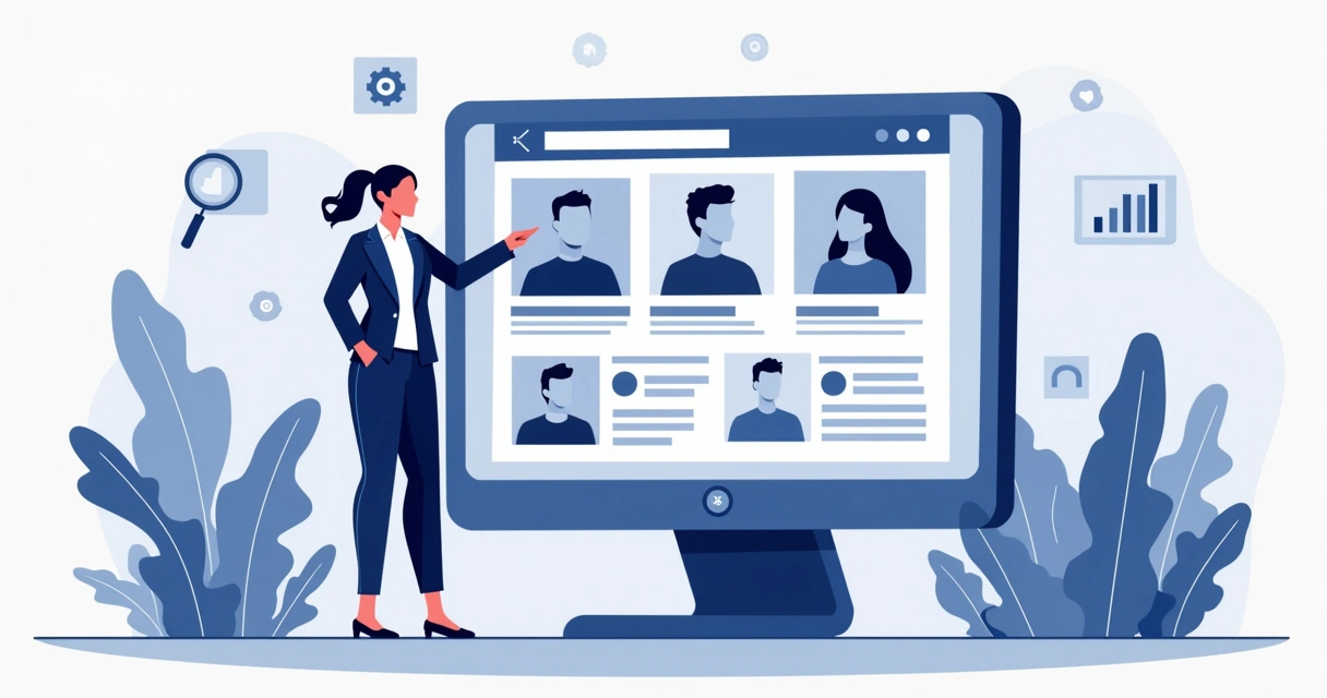 Ilustração de uma pessoa analisando vários perfis do LinkedIn em uma tela dividida por filtros distintos