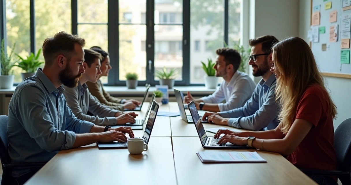 Equipe segmentando lista de clientes em telas de computador e planilha, analisando dados de contatos. 