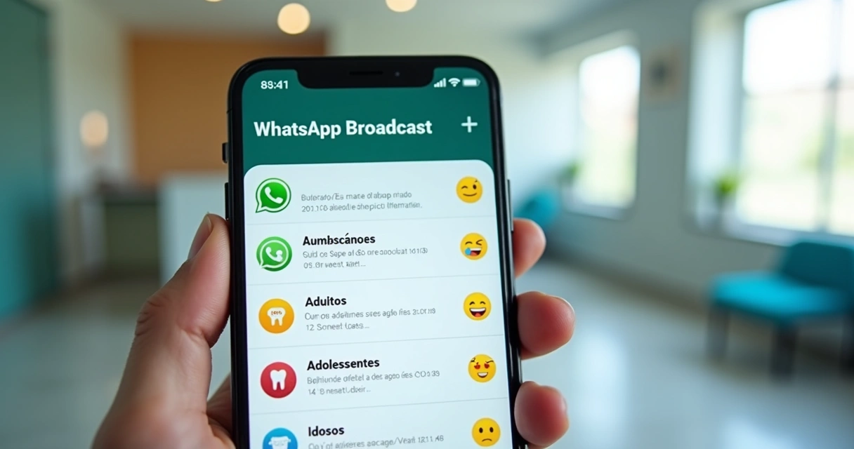 Celular mostrando listas de transmissão segmentadas por faixa etária de pacientes