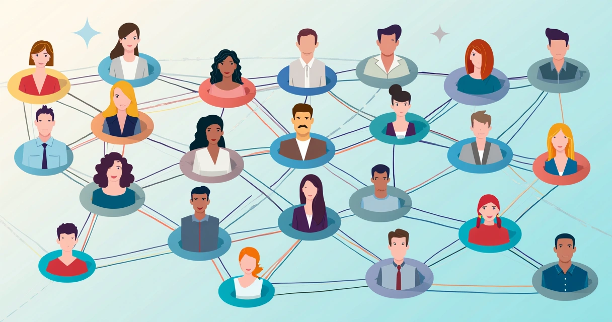 Infográfico colorido mostrando grupos diferentes de pessoas conectadas a listas de e-mail distintas 