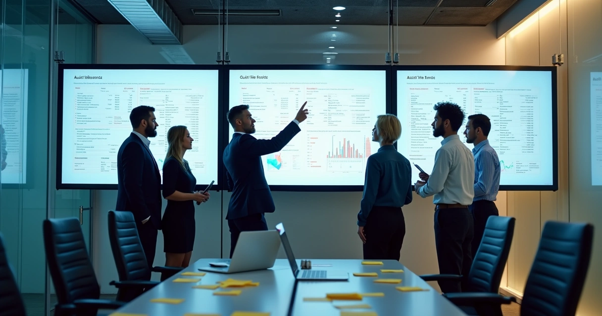 Profissionais reunidos analisando uma grande lista de prospects em telas digitais 