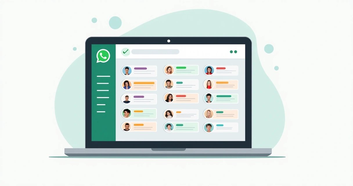 Ilustração de uma tela de computador mostrando uma lista de contatos segmentada no WhatsApp, com etiquetas coloridas indicando diferentes interesses 