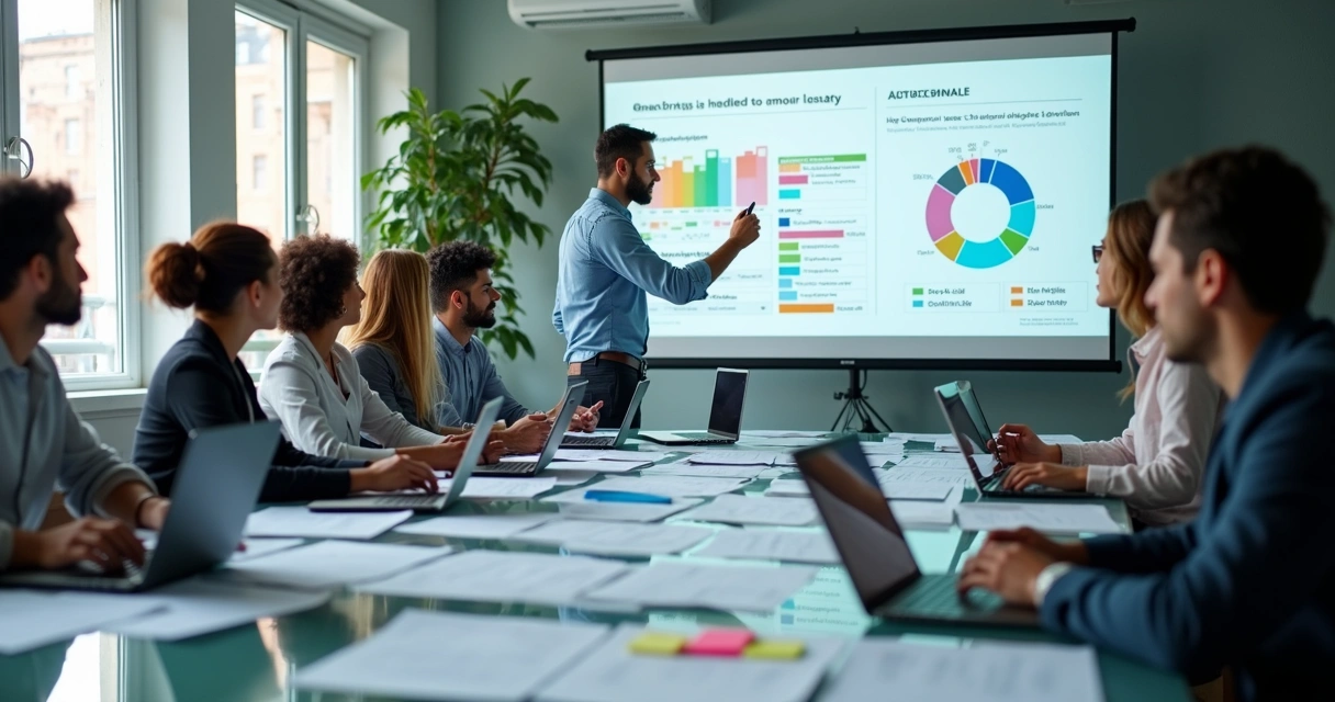 Equipe de vendas segmentando mailing list em um escritório 