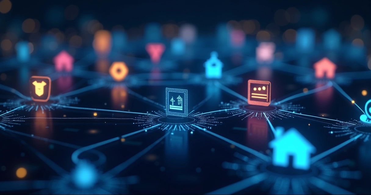 Gráfico colorido mostra segmentação de empresas em setores diferentes conectadas por linhas claras 