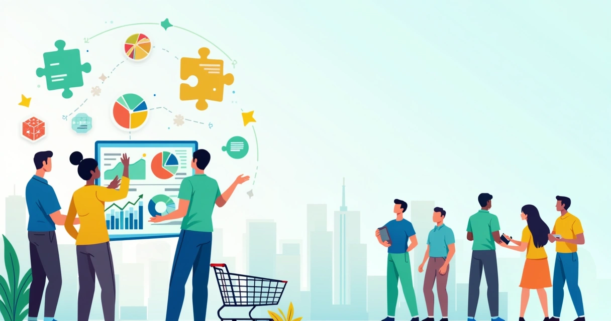 Grupo diverso analisando dados de segmentação de mercado com gráficos e ícones de comportamento de compra.