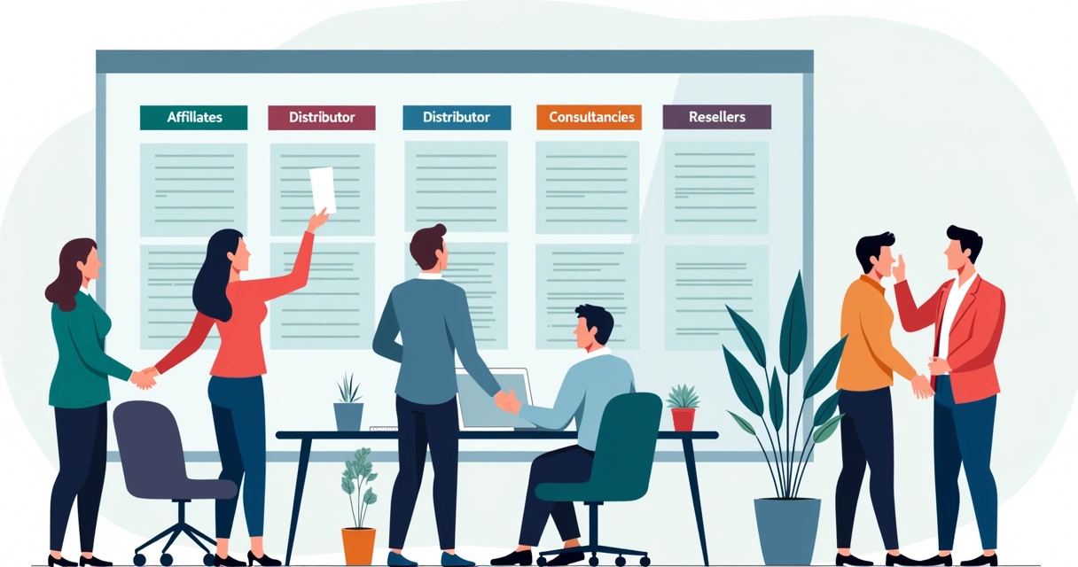 Painel segmentado com tipos de parceiros em ilustração corporativa 