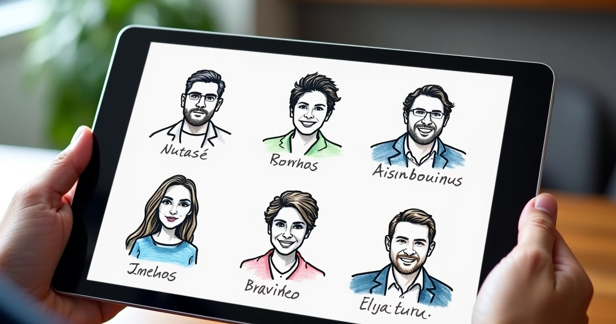 Quadro branco digital com personas desenhadas.