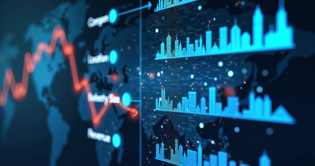 Filtros digitais segmentando empresas por localização, porte e setor em tela interativa 