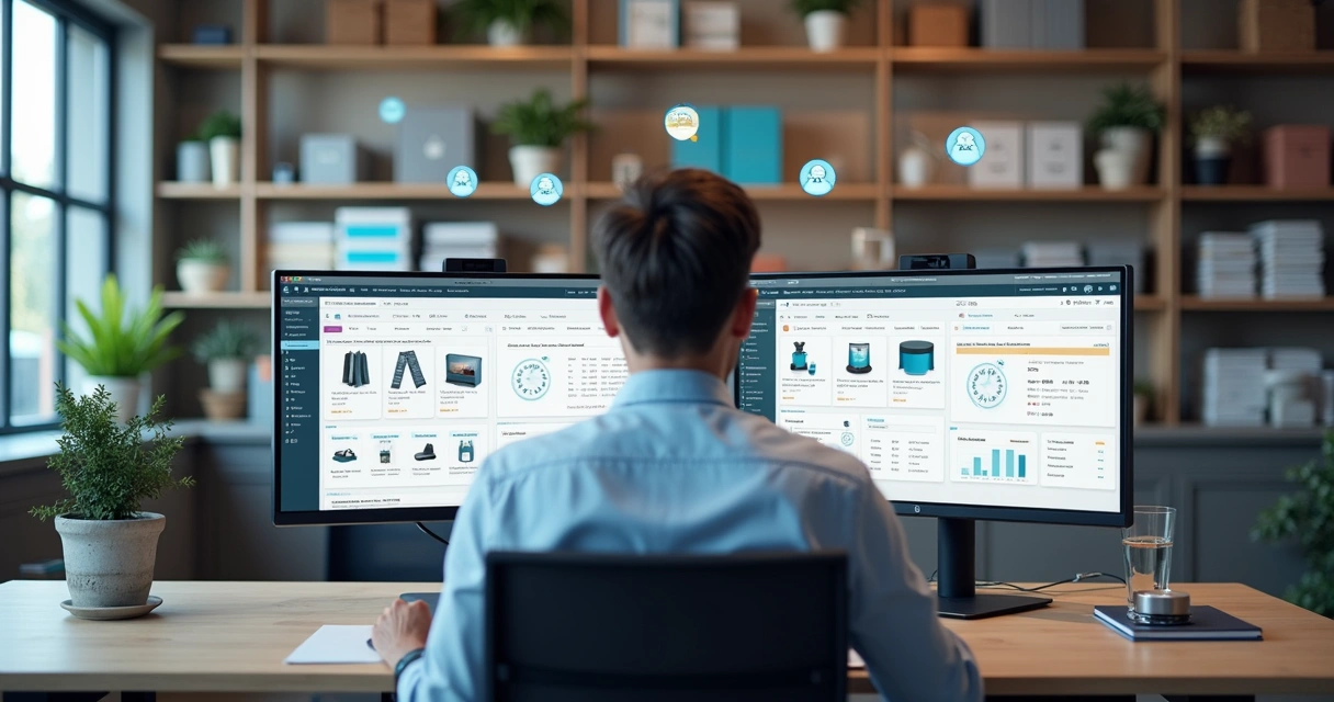 Operador gerencia produtos em diferentes canais pelo computador 