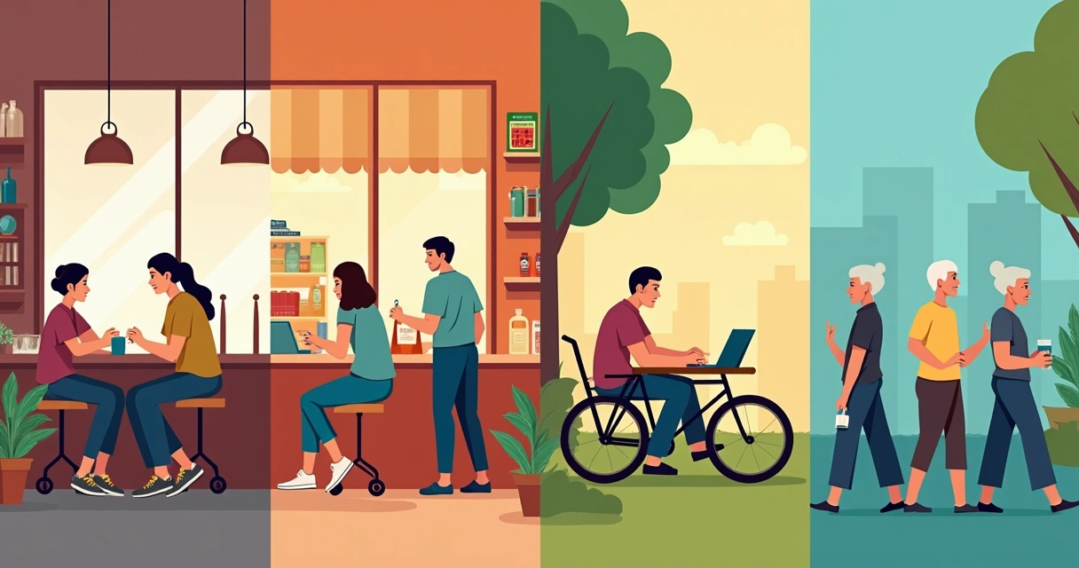 Quatro painéis ilustrando diferentes segmentos de consumidores: jovens, famílias, idosos e empreendedores 
