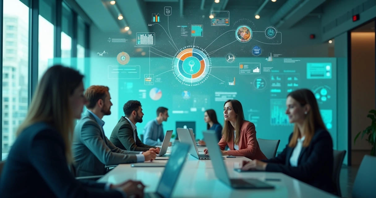 Pessoas de diferentes perfis usando dispositivos digitais, rodeadas de ícones de dados e segmentação 