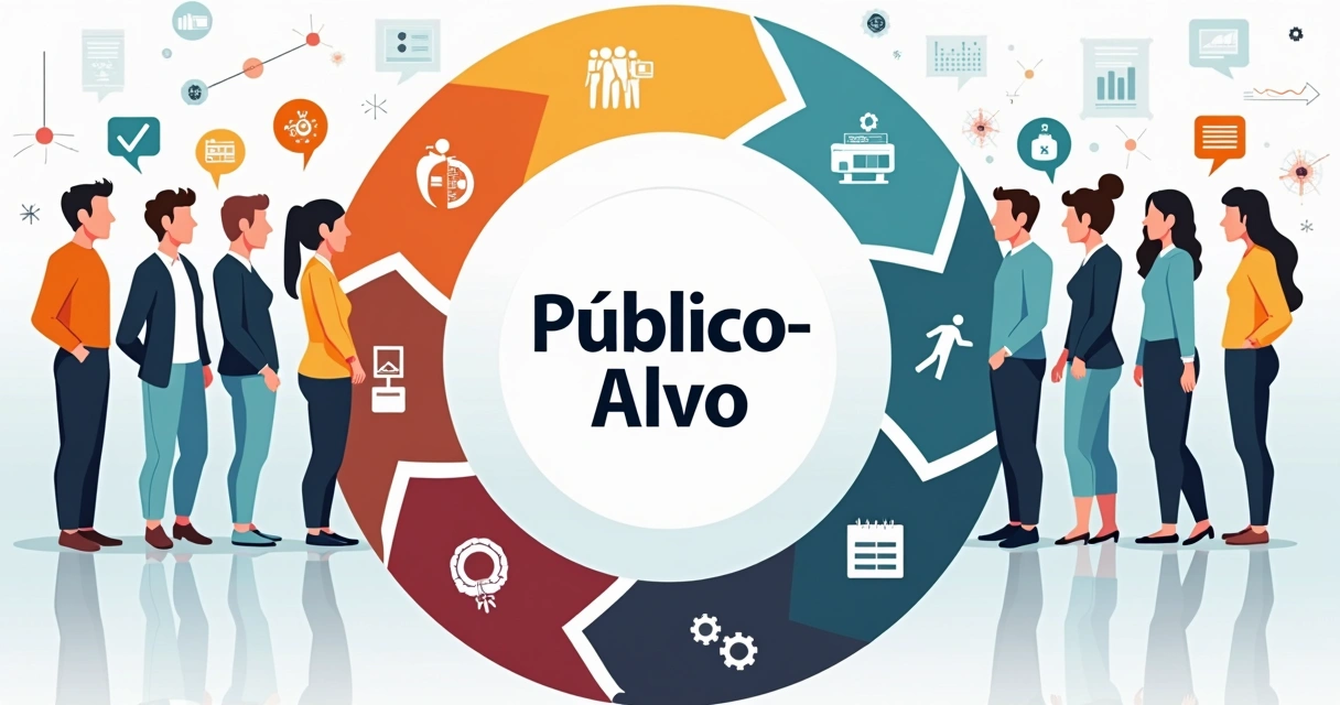 Gráfico colorido mostrando diferentes grupos de clientes segmentados por perfil, com destaque em mulheres e homens de diferentes idades, cada segmento identificado por cores e ícones 