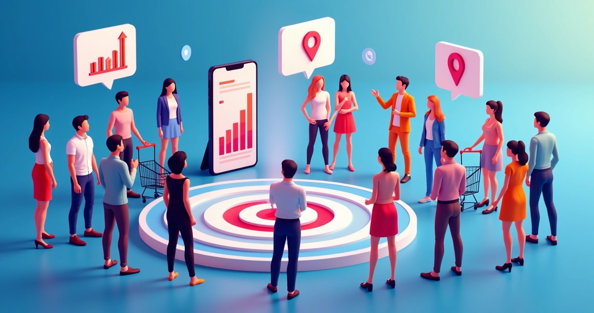 Segmentação de público ilustrada com várias pessoas e ícones digitais 