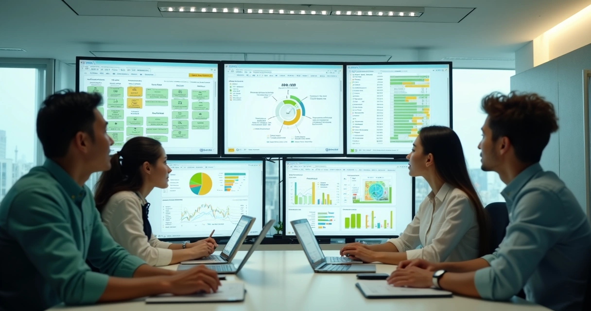 Equipe de marketing analisando dados de segmentação em monitores 