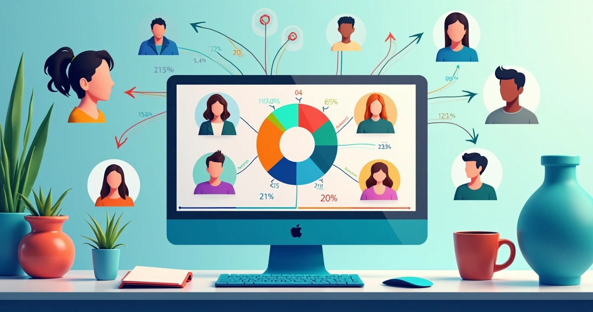 Segmentação de público em campanha digital, com gráficos coloridos 